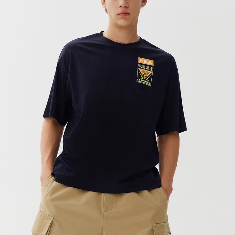 Bedrucktes, locker sitzendes Kurzarm-Shirt in Blau