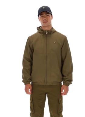 Dunkelolivfarbene Ian-Jacke mit durchgehendem Reißverschluss