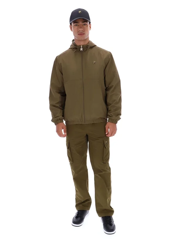 Dunkelolivfarbene Ian-Jacke mit durchgehendem Reißverschluss