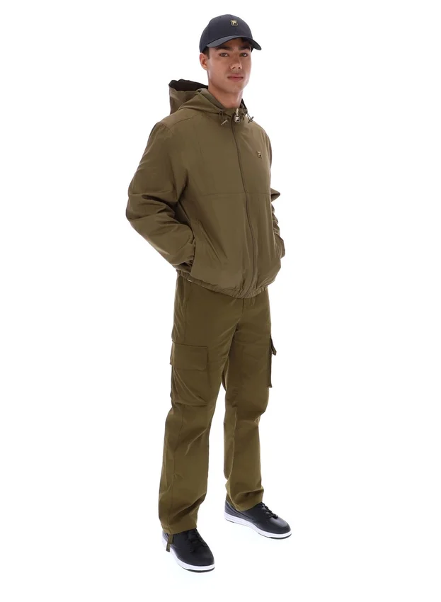 Dunkelolivfarbene Ian-Jacke mit durchgehendem Reißverschluss