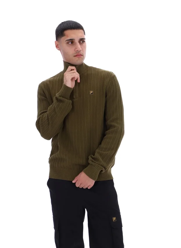 Dunkelolivfarbener Stevie-Pullover mit 1/4-Reißverschluss, Stehkragen und strukturiertem Strick