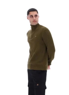 Dunkelolivfarbener Stevie-Pullover mit 1/4-Reißverschluss, Stehkragen und strukturiertem Strick