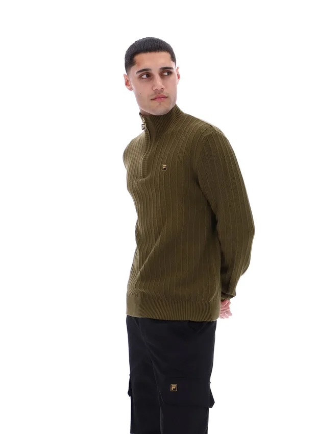 Dunkelolivfarbener Stevie-Pullover mit 1/4-Reißverschluss, Stehkragen und strukturiertem Strick