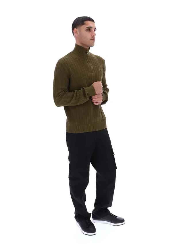 Dunkelolivfarbener Stevie-Pullover mit 1/4-Reißverschluss, Stehkragen und strukturiertem Strick