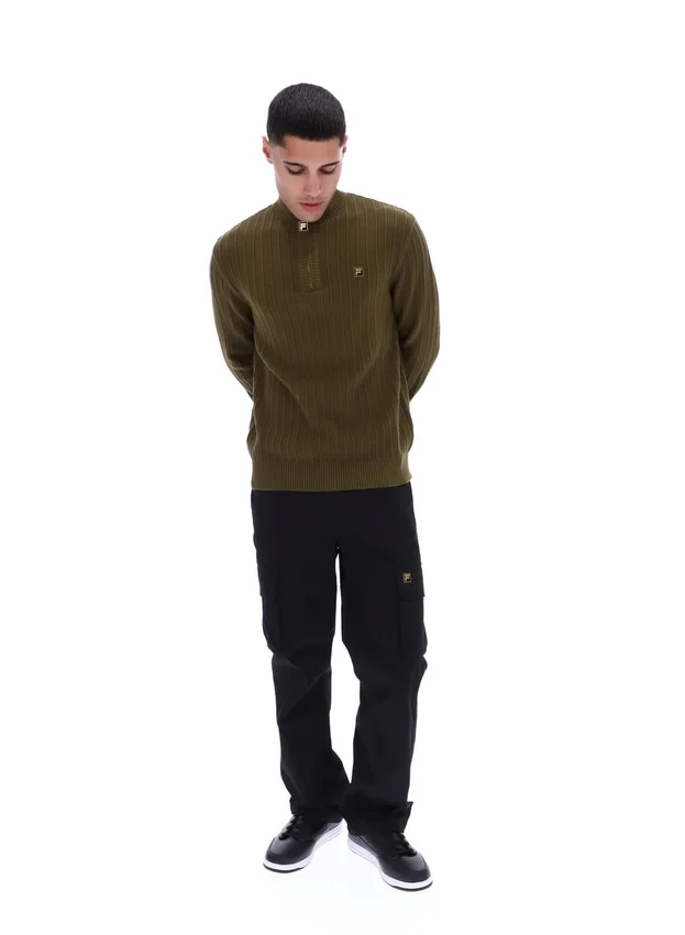 Dunkelolivfarbener Stevie-Pullover mit 1/4-Reißverschluss, Stehkragen und strukturiertem Strick