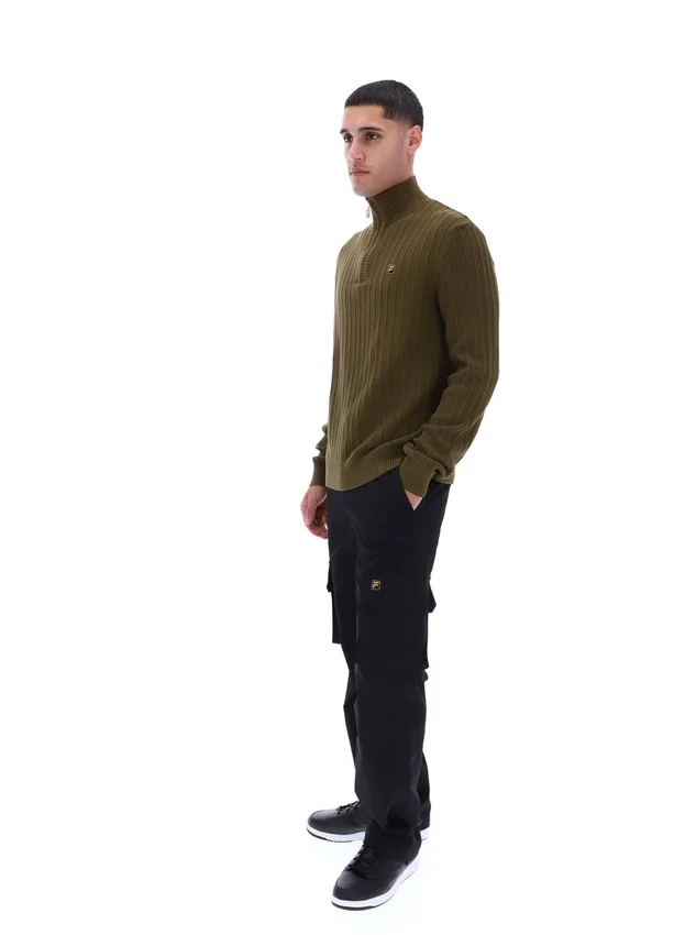 Dunkelolivfarbener Stevie-Pullover mit 1/4-Reißverschluss, Stehkragen und strukturiertem Strick