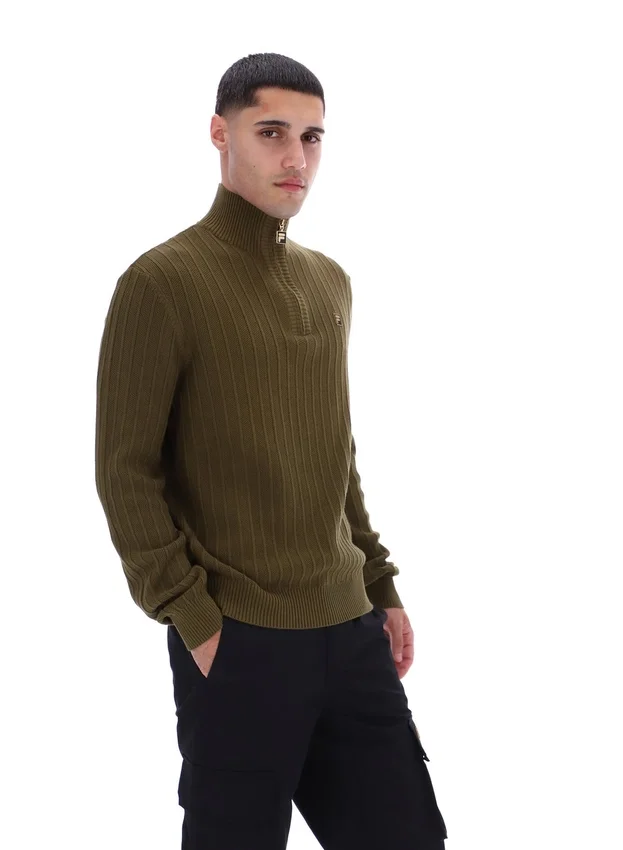 Dunkelolivfarbener Stevie-Pullover mit 1/4-Reißverschluss, Stehkragen und strukturiertem Strick