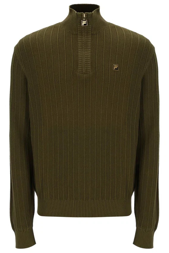 Dunkelolivfarbener Stevie-Pullover mit 1/4-Reißverschluss, Stehkragen und strukturiertem Strick