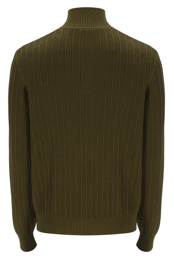 Dunkelolivfarbener Stevie-Pullover mit 1/4-Reißverschluss, Stehkragen und strukturiertem Strick