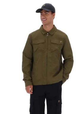 Dunkelolivfarbenes Kasa-Overshirt mit durchgehendem Reißverschluss