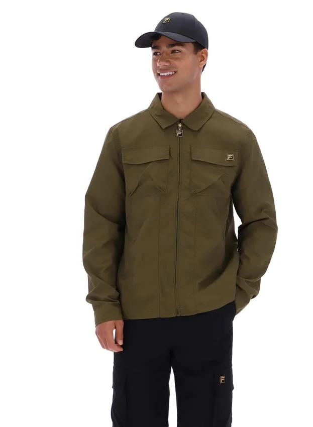 Dunkelolivfarbenes Kasa-Overshirt mit durchgehendem Reißverschluss