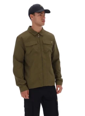 Dunkelolivfarbenes Kasa-Overshirt mit durchgehendem Reißverschluss