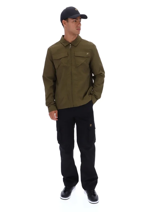 Dunkelolivfarbenes Kasa-Overshirt mit durchgehendem Reißverschluss
