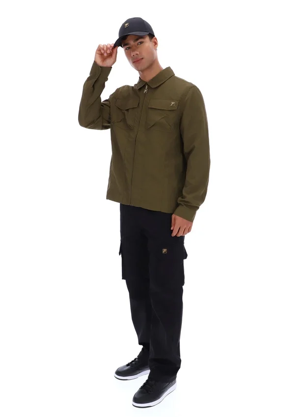 Dunkelolivfarbenes Kasa-Overshirt mit durchgehendem Reißverschluss