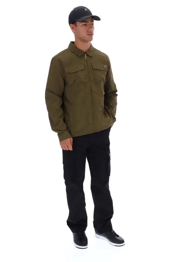 Dunkelolivfarbenes Kasa-Overshirt mit durchgehendem Reißverschluss