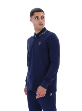 Fila Navy Monte Langarm-Polo mit kontrastfarbenem Kragen