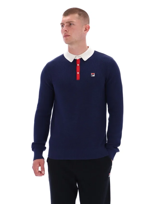 Fila Navy Nowell Langarm-Polo aus Waffelpiqué