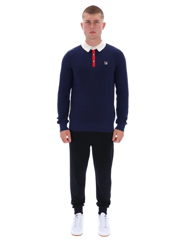 Fila Navy Nowell Langarm-Polo aus Waffelpiqué