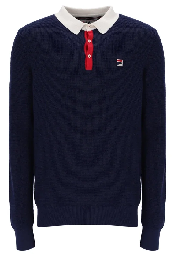 Fila Navy Nowell Langarm-Polo aus Waffelpiqué