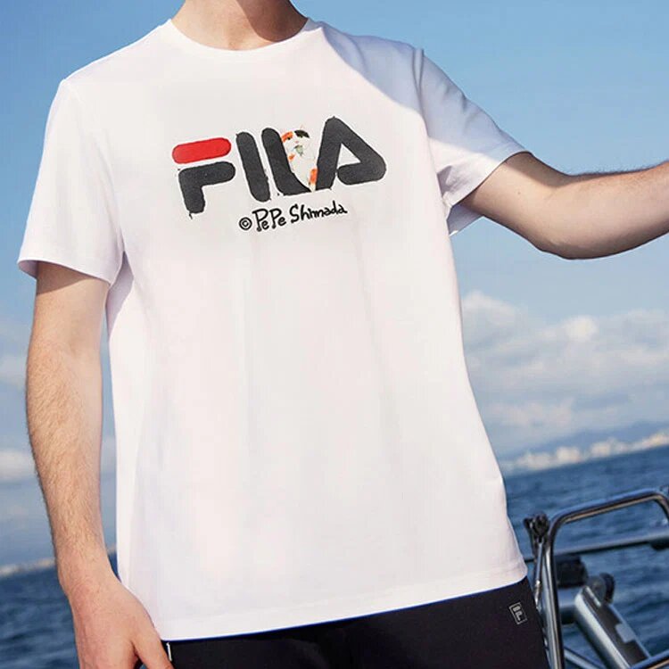 Fila x Pepe Shimada Crossover-Freizeit-Shorts für Herren, atmungsaktiv, mit Aufdruck, kurzärmelig, weiß