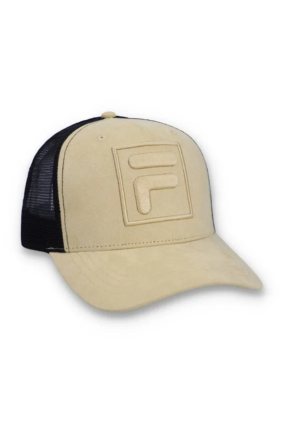 Klassisches Beige – Turo Large F-Box, farblich abgestimmte, bestickte Kappe aus Wildleder mit Mesh-Rückseite