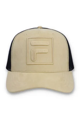Klassisches Beige – Turo Large F-Box, farblich abgestimmte, bestickte Kappe aus Wildleder mit Mesh-Rückseite