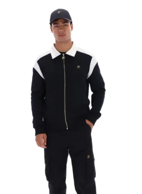 Schwarze Morton-Jacke mit durchgehendem Reißverschluss und Kontrasteinsätzen