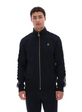 Schwarze „Roman“-Jacke mit durchgehendem Reißverschluss und Banddetails