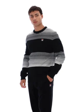 Schwarzer gestreifter Connor-Strickpullover mit Rundhalsausschnitt