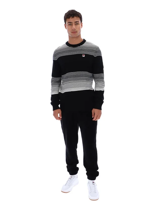 Schwarzer gestreifter Connor-Strickpullover mit Rundhalsausschnitt