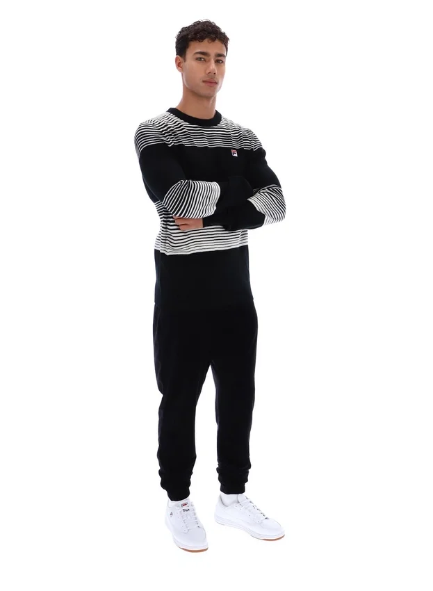 Schwarzer gestreifter Connor-Strickpullover mit Rundhalsausschnitt