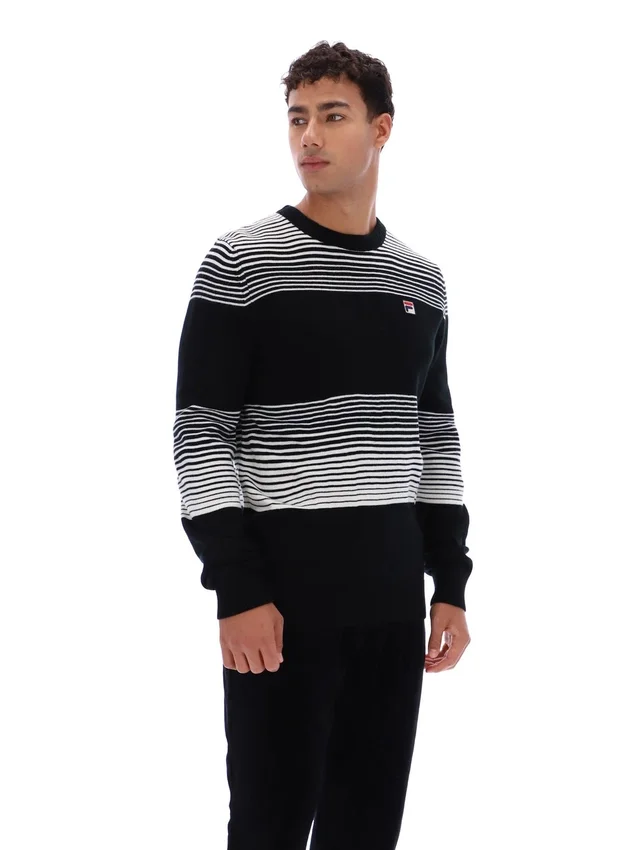Schwarzer gestreifter Connor-Strickpullover mit Rundhalsausschnitt
