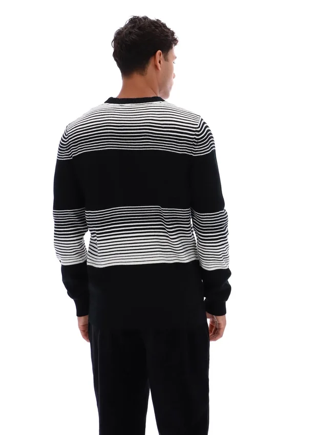 Schwarzer gestreifter Connor-Strickpullover mit Rundhalsausschnitt