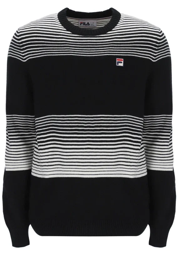 Schwarzer gestreifter Connor-Strickpullover mit Rundhalsausschnitt