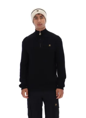 Schwarzer Stevie-Strickpullover mit 1/4-Reißverschluss, Trichterkragen und strukturierter Optik