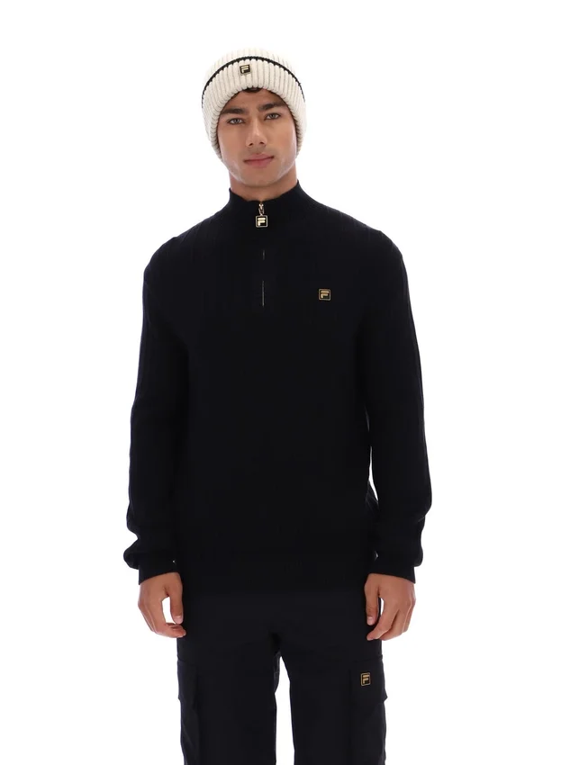 Schwarzer Stevie-Strickpullover mit 1/4-Reißverschluss, Trichterkragen und strukturierter Optik