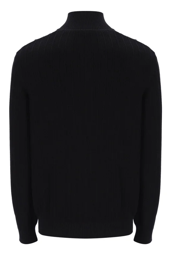 Schwarzer Stevie-Strickpullover mit 1/4-Reißverschluss, Trichterkragen und strukturierter Optik