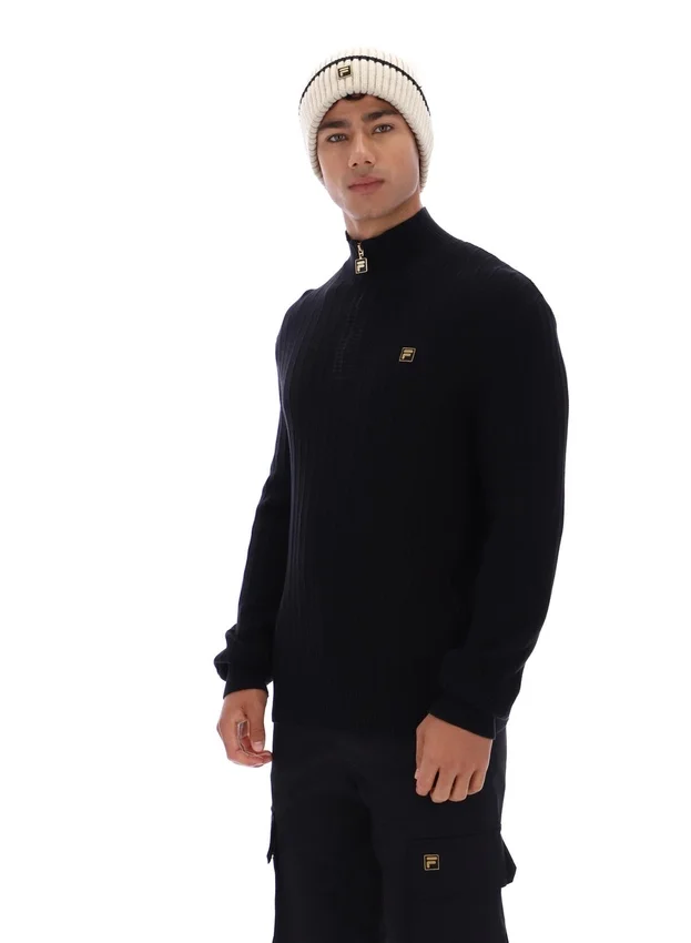 Schwarzer Stevie-Strickpullover mit 1/4-Reißverschluss, Trichterkragen und strukturierter Optik