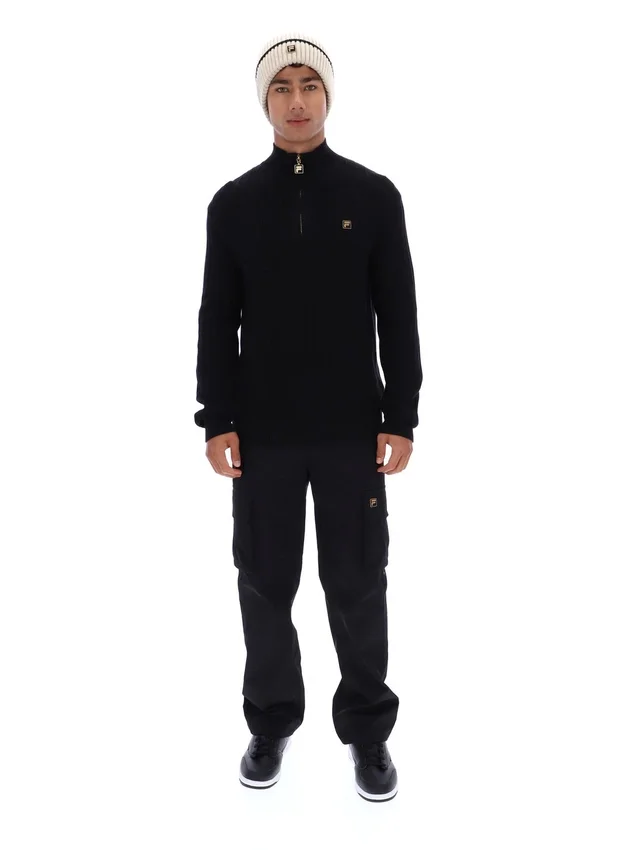 Schwarzer Stevie-Strickpullover mit 1/4-Reißverschluss, Trichterkragen und strukturierter Optik
