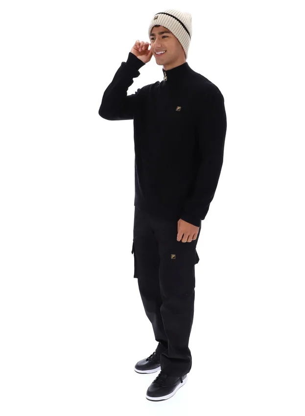 Schwarzer Stevie-Strickpullover mit 1/4-Reißverschluss, Trichterkragen und strukturierter Optik