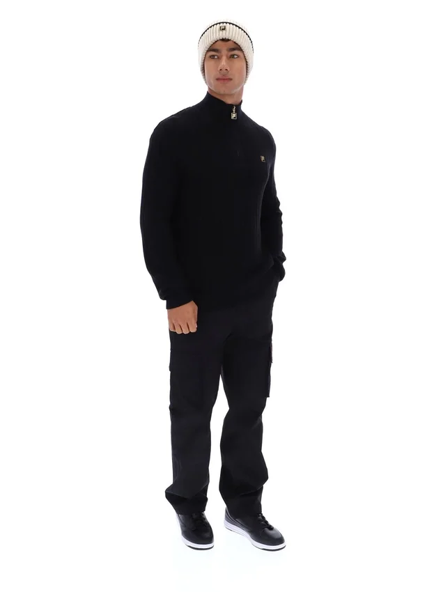 Schwarzer Stevie-Strickpullover mit 1/4-Reißverschluss, Trichterkragen und strukturierter Optik