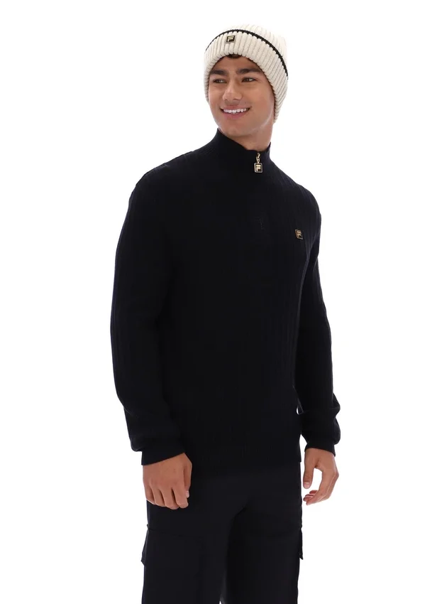 Schwarzer Stevie-Strickpullover mit 1/4-Reißverschluss, Trichterkragen und strukturierter Optik