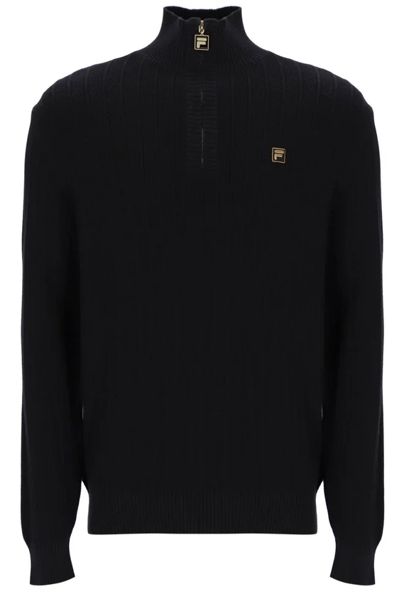 Schwarzer Stevie-Strickpullover mit 1/4-Reißverschluss, Trichterkragen und strukturierter Optik