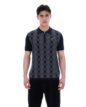 Schwarzes Castello-Polohemd aus Jacquard-Strick mit Reißverschluss