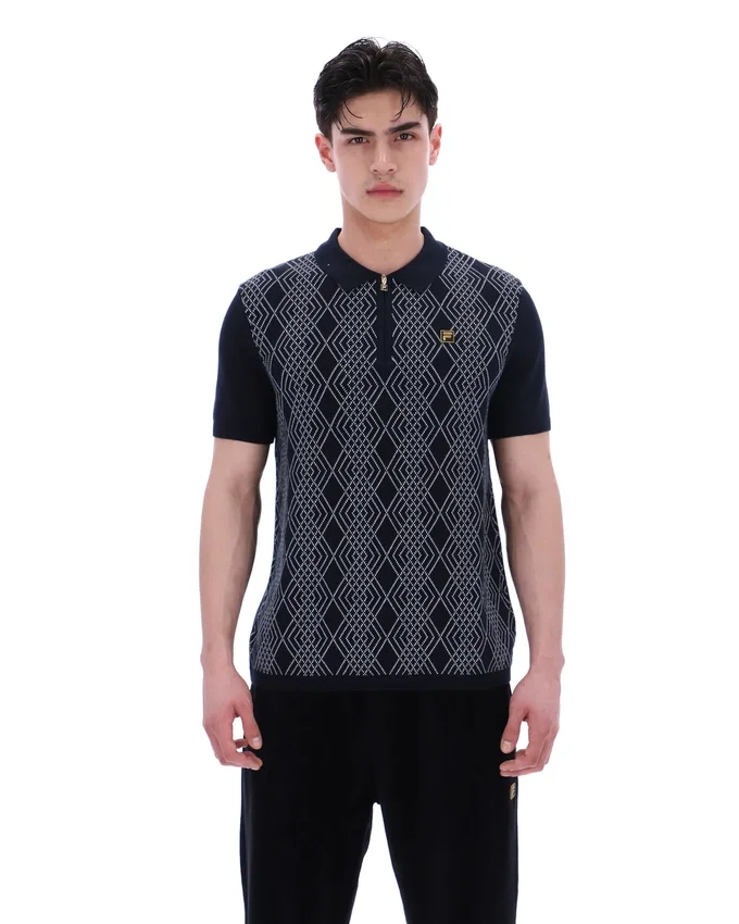 Schwarzes Castello-Polohemd aus Jacquard-Strick mit Reißverschluss
