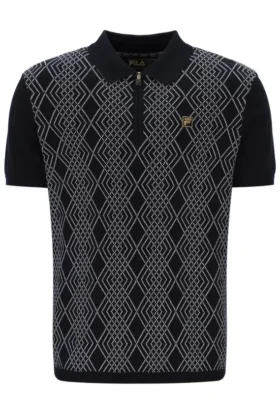 Schwarzes Castello-Polohemd aus Jacquard-Strick mit Reißverschluss