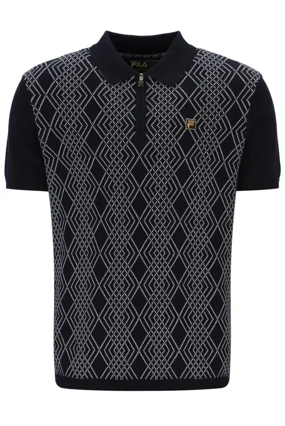 Schwarzes Castello-Polohemd aus Jacquard-Strick mit Reißverschluss