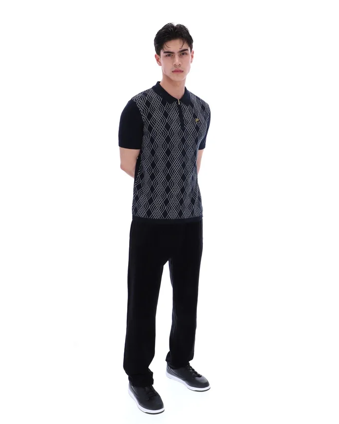Schwarzes Castello-Polohemd aus Jacquard-Strick mit Reißverschluss
