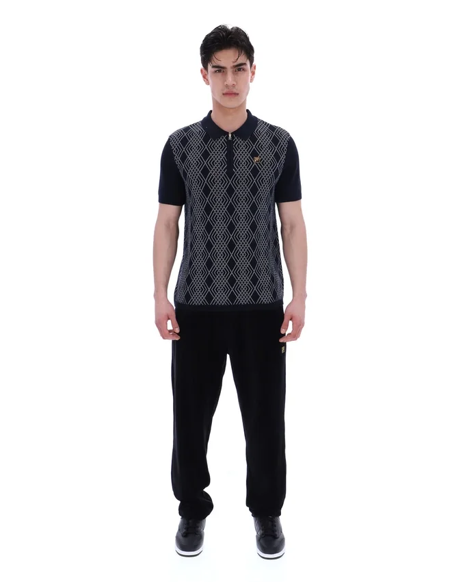 Schwarzes Castello-Polohemd aus Jacquard-Strick mit Reißverschluss