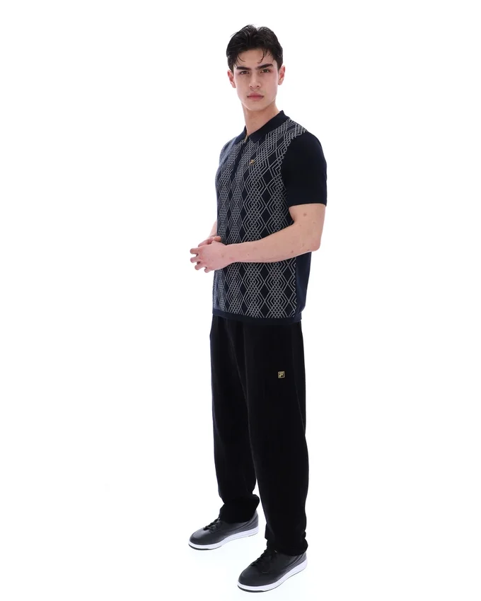 Schwarzes Castello-Polohemd aus Jacquard-Strick mit Reißverschluss